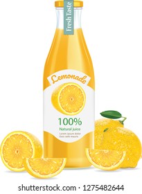 Isolated lemonade juice in glass bottle with fresh fruit in 3d illustration - Vector