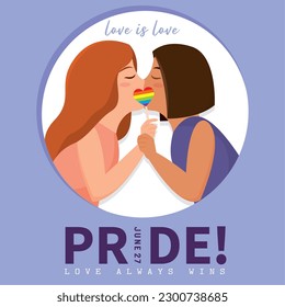 Isolated lesbian couple kissing each other Pride month Vector