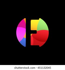 Isolated letter e in a colorful circle on the black background vector logo. Alphabet element logotype. Designed font monogram. Typographic symbol.
