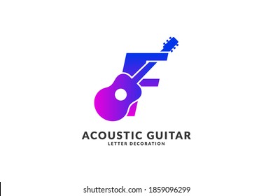 isolated letter F acoustic guitar decoration trendy color vector for musician identity logo and festival or concert title element
