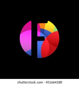 Isolated letter F in a colorful circle on the black background vector logo. Alphabet element logotype. Designed font monogram. Typographic symbol.