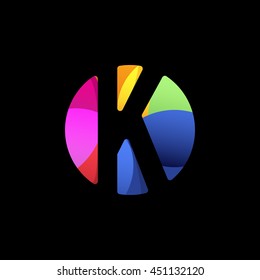 Isolated letter k in a colorful circle on the black background vector logo. Alphabet element logotype. Designed font monogram. Typographic symbol.