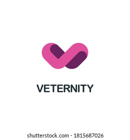 Isolated letter v symbol in abstract heart and infinite path form. Three dimensional alphabet logo design.