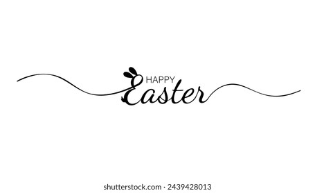 Isolated lettering written in calligraphy Happy Easter. Black text with bunny ears and tail on a white background. Wavy ribbons on the sides of the text. Element for design of banner, poster on web