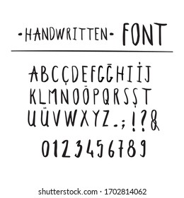 Isolated letters. Hand drawing vector alphabet. Sans Serif brush font. Numbers written marker, ink, etching