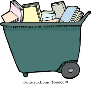 Isolated library cart with pile of books over white background