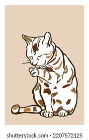 Isolated licking cat poster. Vector illustration.
