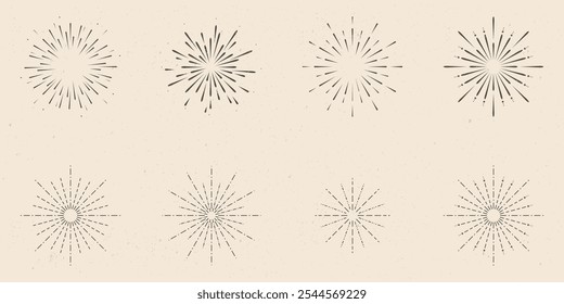 Feixes de luz isolados sobre um fundo branco. Retro-estilo hipster luz explode. Elementos de estrela irradiando perfeitos para logotipos, tags ou emblemas. Ilustração gráfica vetorial.