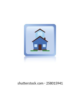an isolated light blue label with a colored residential building