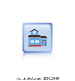 an isolated light blue label with a colored residential building