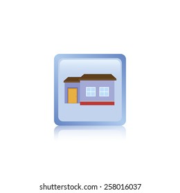 an isolated light blue label with a colored residential building