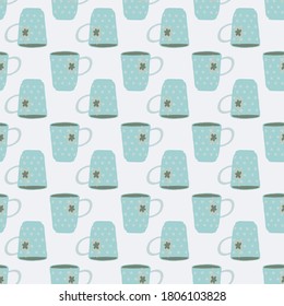 Té azul claro aislado doodle sin fisuras. Fondo blanco. Sencillas obras de arte al estilo de la cocina. Fondo decorativo para papel pintado, textil, papel envolvente, impresión de tela. Ilustración vectorial.