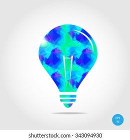 Isolated, light bulb made of blue, triangular pattern with simple, white shapes, bright background