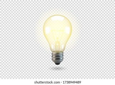 Isolated light bulb, vector object on a transparent background, the effect of light and glow. Realistic 3d object, symbol of creativity and ideas. Concept for business or startup.