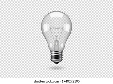 Isolated light bulb, vector object on a transparent background, the effect of light and glow. Realistic 3d object, symbol of creativity and ideas. Concept for business or startup.