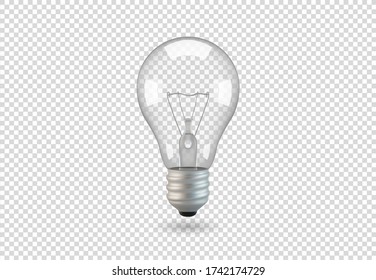 Isolated light bulb, vector object on a transparent background, the effect of light and glow. Realistic 3d object, symbol of creativity and ideas. Concept for business or startup.