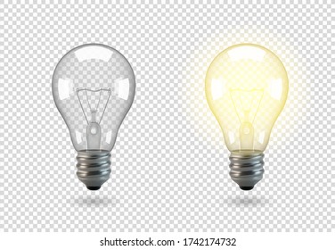 Isolated light bulb, vector object on a transparent background, the effect of light and glow. Realistic 3d object, symbol of creativity and ideas. Concept for business or startup.