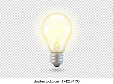 Isolated light bulb, vector object on a transparent background, the effect of light and glow. Realistic 3d object, symbol of creativity and ideas. Concept for business or startup.