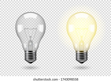 Isolated light bulb, vector object on a transparent background, the effect of light and glow. Realistic 3d object, symbol of creativity and ideas. Concept for business or startup.