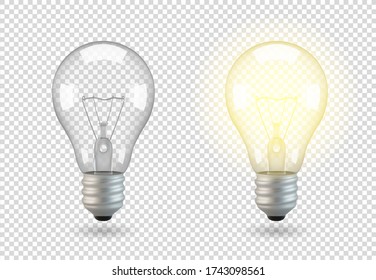 Isolated Light Bulb, Vector Object On A Transparent Background, The Effect Of Light And Glow. Realistic 3d Object, Symbol Of Creativity And Ideas. Concept For Business Or Startup.