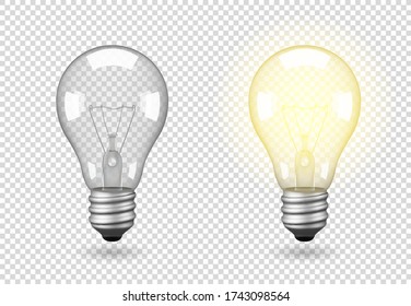 Isolated light bulb, vector object on a transparent background, the effect of light and glow. Realistic 3d object, symbol of creativity and ideas. Concept for business or startup.