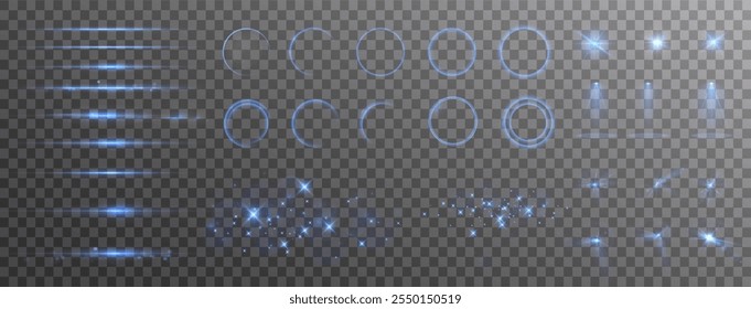 Efeitos de Luz Isolados: Brilho de Luz Azul Transparente, Explosões, Brilhos, Poeira, Linhas, Fachos Solares, Faíscas e Estrelas, Destaques, Curvas e Rotações. Efeitos de luz solar abstratos especiais.	