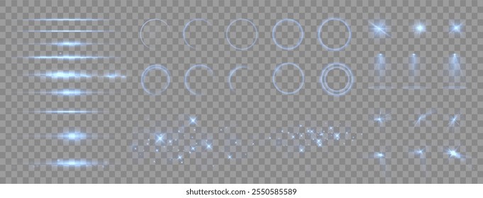 Efeitos de Luz Isolados: Brilho de Luz Azul Transparente, Explosões, Brilhos, Poeira, Linhas, Fachos Solares, Faíscas e Estrelas, Destaques, Curvas e Rotações. Efeitos de luz solar abstratos especiais.	