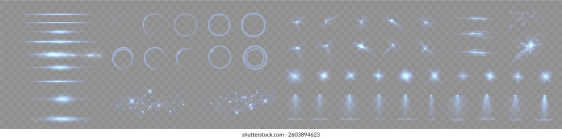 Isolated Light Effects: Transparent Blue Light Glare, Explosions, Sparkles, Dust, Lines, Solar Flares, Sparks and Stars, Spotlights, Curves, and Rotations. Special Abstract Sunlight Effects.