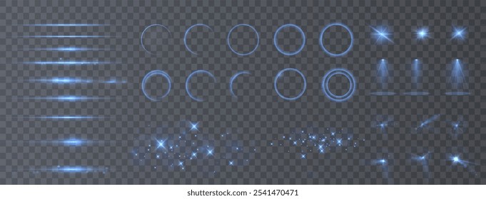 Isolated Light Effects: Transparent White Light – Glare, Explosions, Sparkles, Dust, Lines, Solar Flares, Sparks and Stars, Spotlights, Curves, and Rotations. Special Abstract Sunlight Effects.