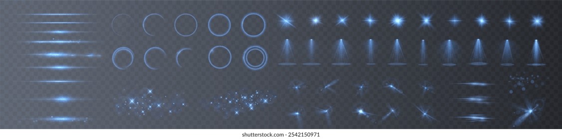 Isolated Light Effects: Transparent White Light – Glare, Explosions, Sparkles, Dust, Lines, Solar Flares, Sparks and Stars, Spotlights, Curves, and Rotations. Special Abstract Sunlight Effects.
