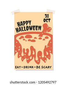 Isolated light Halloween greeting poster with witch cauldron. Dark text. Vector flyer illustration in silhouette style.