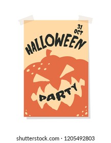 Isolated light Halloween greeting poster with evil pumpkin. Dark text. Vector flyer illustration in silhouette style.