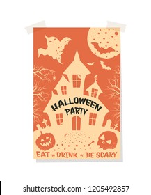 Isolated light Halloween greeting poster with ghost house. Dark text. Vector flyer illustration in silhouette style.