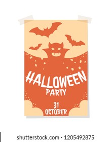 Isolated light Halloween greeting poster with vampire. White text. Vector flyer illustration in silhouette style.