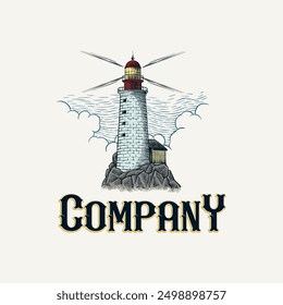 isolated lighthouse illustration logo in vintage style