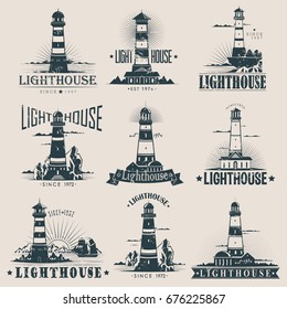 Isolated lighthouse sketches near rocks and reefs, sea and ocean, buildings near ships or fregate. Guidance structure at port or harbor. Nautical hazard banner or marine sign, sailor and travel logo