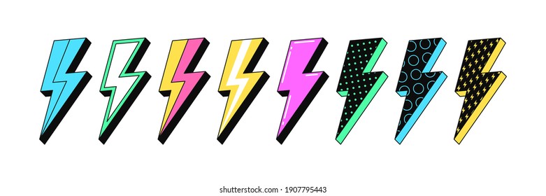 Isolated Lightning bolt signs. 2st set of flash thunderbolts with texture for zine retro culture and crazy futuristic design. Electric voltage, energy charge and lightning power. Vector illustration