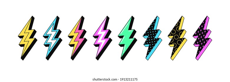 Isolated Lightning bolt signs. 3st set of flash thunderbolts with texture for zine retro culture and crazy futuristic design. Electric voltage, energy charge and lightning power. Vector illustration