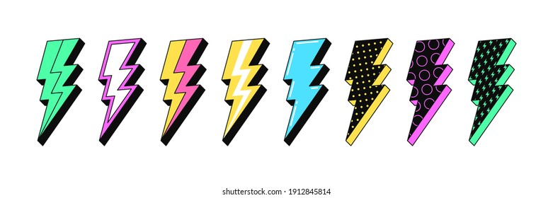 Isolated Lightning bolt signs. 4st set of flash thunderbolts with texture for zine retro culture and crazy futuristic design. Electric voltage, energy charge and lightning power. Vector illustration