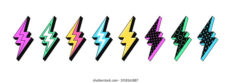 Isolated Lightning bolt signs. 5st set of flash thunderbolts with texture for zine retro culture and crazy futuristic design. Electric voltage, energy charge and lightning power. Vector illustration