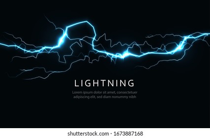 Isolated lightning, horizontal power and energy line, lightning strike, blue light from crack or gap on black background, vector illustration