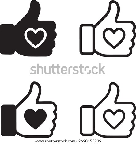 Isolated Like icon set, black like symbols, thumbs up, heart, social, approval, love, minimal vector, solid and line outline, thin stroke, modern style, editable vector illustration
