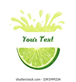 an isolated lime slice with juice splashes; vector illustration with sample text; logo/icon/label template or design element; fresh, vibrant, juicy, organic, trendy