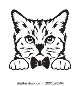 Isolated Line Art Cat with bow tie and white background