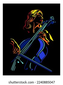 Isolated line art female cello player. Vector illustration.