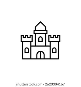 Isolated line art illustration of a medieval castle icon on white background