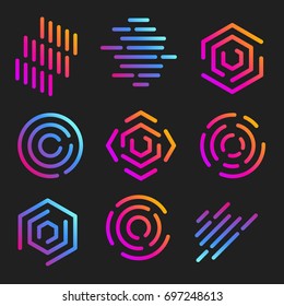 Isolated line art logos templates. Abstract linear logotypes. Colorful geometric icons collection. Outline innovate design elements. Vector simple futuristic signs set.