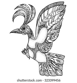isolated line art of single mythical bird with ornaments in zentangle style. unique vector illustration for coloring book.