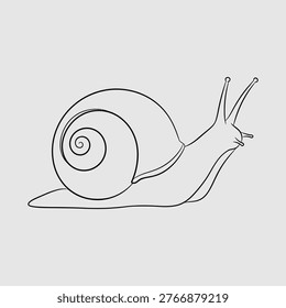 Isolated line art snail with coiled shell and extended feelers on transparent background