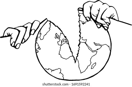 Dibujo artístico de líneas aisladas ilustrando con lágrimas las manos la imagen de Globe. Destruyendo la tierra. División. Mundo dividido. Manos rompiendo el mundo. Rascando tela. Papel lacrimógeno. 